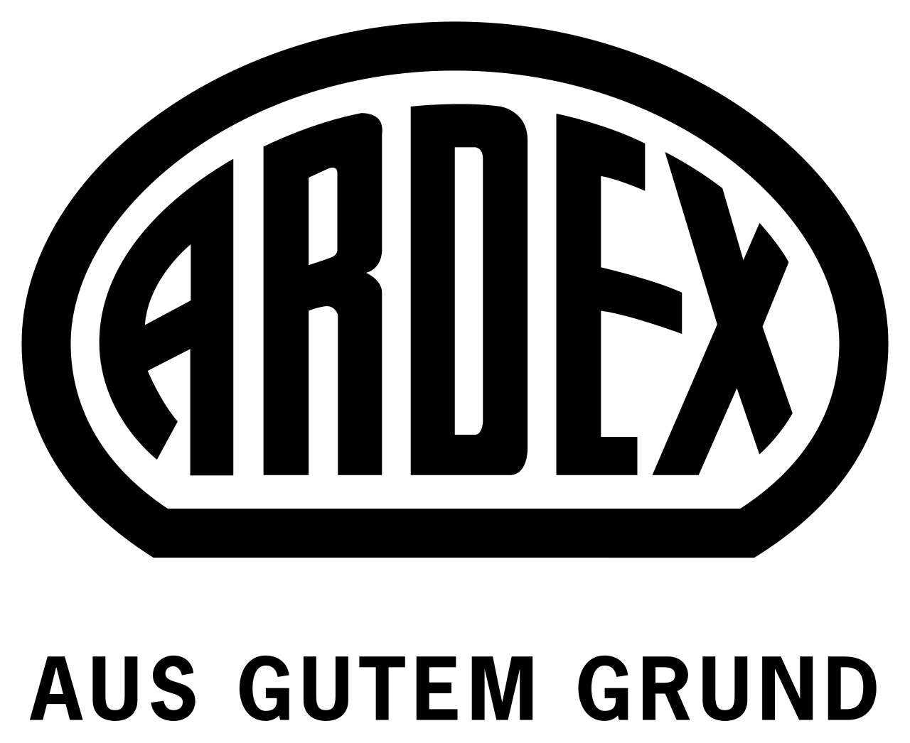 Schwarzes und weißes ARDEX-Logo mit markanten, stilisierten Buchstaben in ovaler Form.